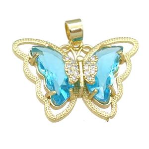 aqua Crystal Glass Butterfly Pendant, gold plated, approx 21-28mm