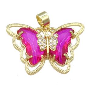 hotpink Crystal Glass Butterfly Pendant, gold plated, approx 21-28mm