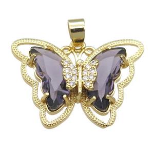 purple Crystal Glass Butterfly Pendant, gold plated, approx 21-28mm
