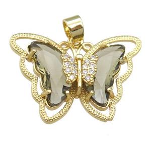 smoky Crystal Glass Butterfly Pendant, gold plated, approx 21-28mm