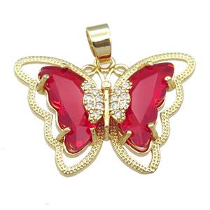 red Crystal Glass Butterfly Pendant, gold plated, approx 21-28mm