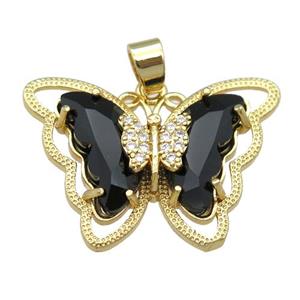 black Crystal Glass Butterfly Pendant, gold plated, approx 21-28mm