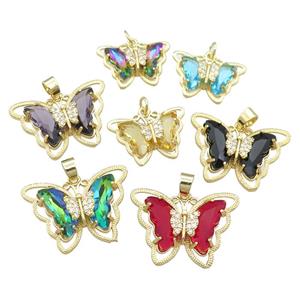 Crystal Glass Butterfly Pendant pave zircon, gold plated, mixed, approx 15-22mm