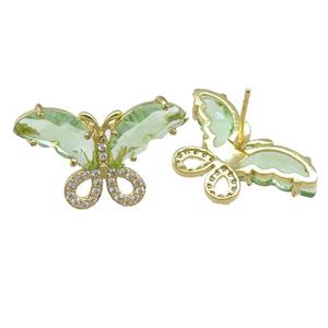 lt.green Crystal Glass Butterfly Stud Earring, gold plated, approx 15-23mm