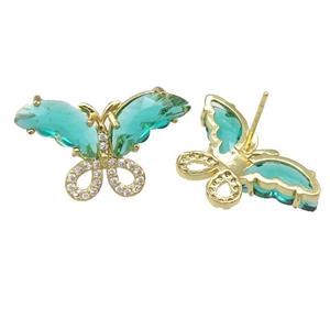 green Crystal Glass Butterfly Stud Earring, gold plated, approx 15-23mm