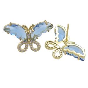 lt.blue Crystal Glass Butterfly Stud Earring, gold plated, approx 15-23mm