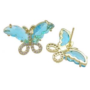 aqua Crystal Glass Butterfly Stud Earring, gold plated, approx 15-23mm
