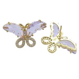 lavender Crystal Glass Butterfly Stud Earring, gold plated, approx 15-23mm