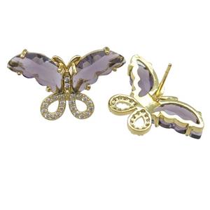 purple Crystal Glass Butterfly Stud Earring, gold plated, approx 15-23mm