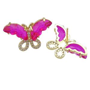 hotpink Crystal Glass Butterfly Stud Earring, gold plated, approx 15-23mm