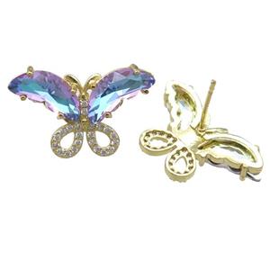 bluepurple Crystal Glass Butterfly Stud Earring, gold plated, approx 15-23mm