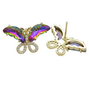 rainbow Crystal Glass Butterfly Stud Earring, gold plated, approx 15-23mm