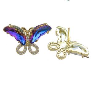 bluepurple Crystal Glass Butterfly Stud Earring, gold plated, approx 15-23mm
