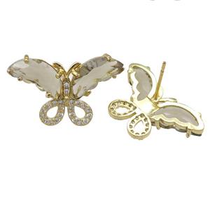 smoky Crystal Glass Butterfly Stud Earring, gold plated, approx 15-23mm