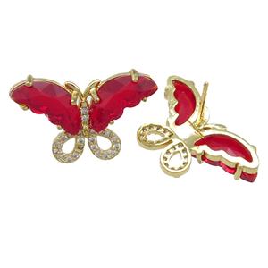 red Crystal Glass Butterfly Stud Earring, gold plated, approx 15-23mm