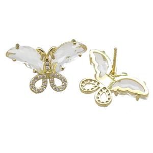 clear Crystal Glass Butterfly Stud Earring, gold plated, approx 15-23mm