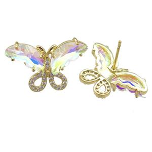 clear AB-color Crystal Glass Butterfly Stud Earring, gold plated, approx 15-23mm