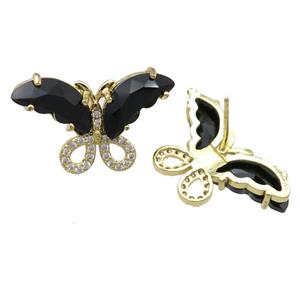 black Crystal Glass Butterfly Stud Earring, gold plated, approx 15-23mm