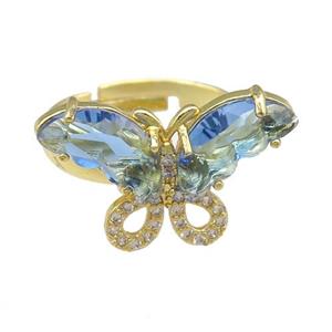 lt.blue Crystal Glass Butterfly Rings, adjustable, gold plated, approx 15-23mm, 18mm dia