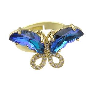 dp.blue Crystal Glass Butterfly Rings, adjustable, gold plated, approx 15-23mm, 18mm dia