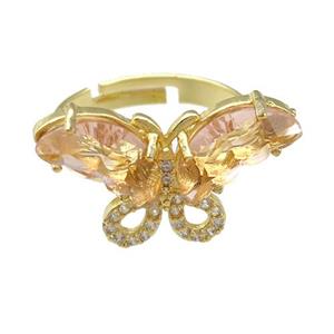 peach Crystal Glass Butterfly Rings, adjustable, gold plated, approx 15-23mm, 18mm dia