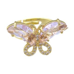 lt.pink Crystal Glass Butterfly Rings, adjustable, gold plated, approx 15-23mm, 18mm dia