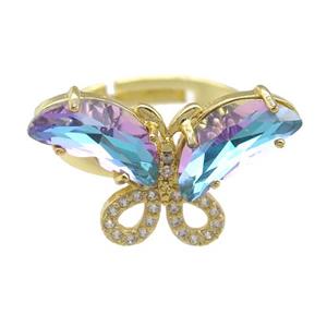 lt.bluepurple Crystal Glass Butterfly Rings, adjustable, gold plated, approx 15-23mm, 18mm dia