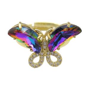 rainbow Crystal Glass Butterfly Rings, adjustable, gold plated, approx 15-23mm, 18mm dia