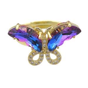 bluepurple Crystal Glass Butterfly Rings, adjustable, gold plated, approx 15-23mm, 18mm dia