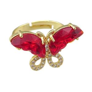 red Crystal Glass Butterfly Rings, adjustable, gold plated, approx 15-23mm, 18mm dia