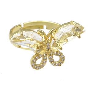 clear Crystal Glass Butterfly Rings, adjustable, gold plated, approx 15-23mm, 18mm dia