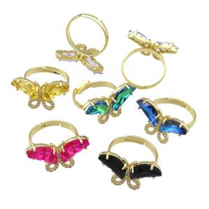 mixed Crystal Glass Butterfly Rings pave zircon, adjustable, gold plated, approx 15-23mm, 18mm dia