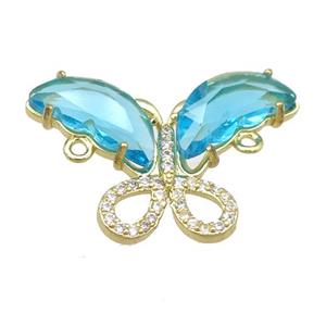 aqua Crystal Glass Butterfly Connector, gold plated, approx 18-30mm