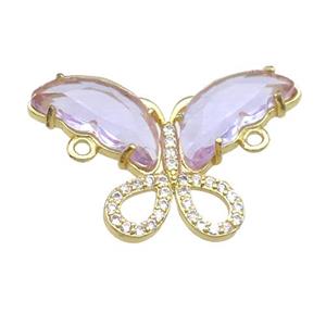 lavender Crystal Glass Butterfly Connector, gold plated, approx 18-30mm