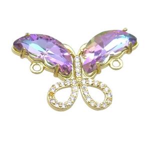 mauve Crystal Glass Butterfly Connector, gold plated, approx 18-30mm