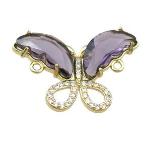 purple Crystal Glass Butterfly Connector, gold plated, approx 18-30mm
