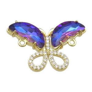 multicolor Crystal Glass Butterfly Connector, gold plated, approx 18-30mm
