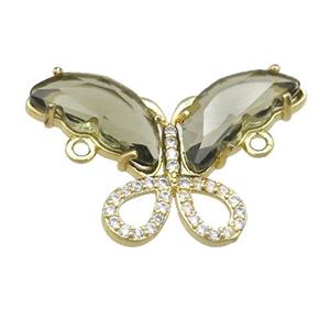 smoky Crystal Glass Butterfly Connector, gold plated, approx 18-30mm