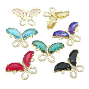 mixed Crystal Glass Butterfly Connector pave zircon, gold plated, approx 18-30mm