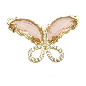 peach Crystal Glass Butterfly Pendant with 2loops, gold plated, approx 20-30mm