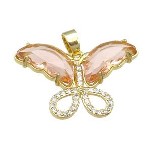 peach Crystal Glass Butterfly Pendant, gold plated, approx 20-30mm