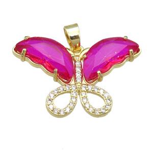 hotpink Crystal Glass Butterfly Pendant, gold plated, approx 20-30mm
