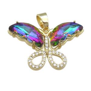 rainbow Crystal Glass Butterfly Pendant, gold plated, approx 20-30mm