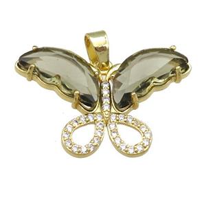 smoky Crystal Glass Butterfly Pendant, gold plated, approx 20-30mm