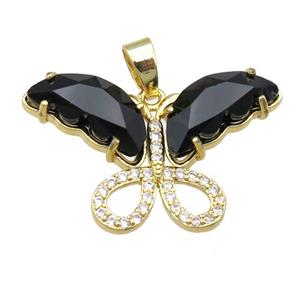 black Crystal Glass Butterfly Pendant, gold plated, approx 20-30mm