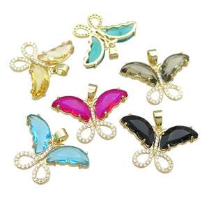 mixed Crystal Glass Butterfly Pendant pave zircon, gold plated, approx 20-30mm