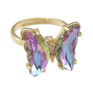 multicolor Crystal Glass Butterfly Spinner Rings, adjustable, gold plated, approx 15-18mm, 17mm dia