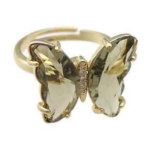 smoky Crystal Glass Butterfly Spinner Rings, adjustable, gold plated, approx 15-18mm, 17mm dia