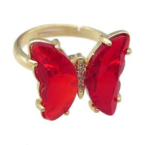 red Crystal Glass Butterfly Spinner Rings, adjustable, gold plated, approx 15-18mm, 17mm dia