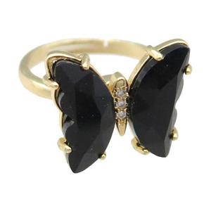 black Crystal Glass Butterfly Spinner Rings, adjustable, gold plated, approx 15-18mm, 17mm dia